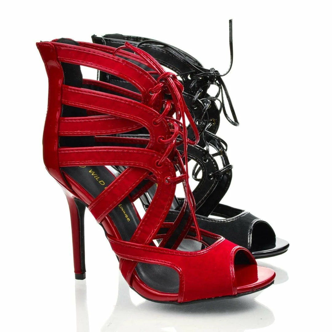 Adele64 By Wild Diva, Peep Toe Patent Contrast Cut Out Strappy Lace Up Stiletto Heels