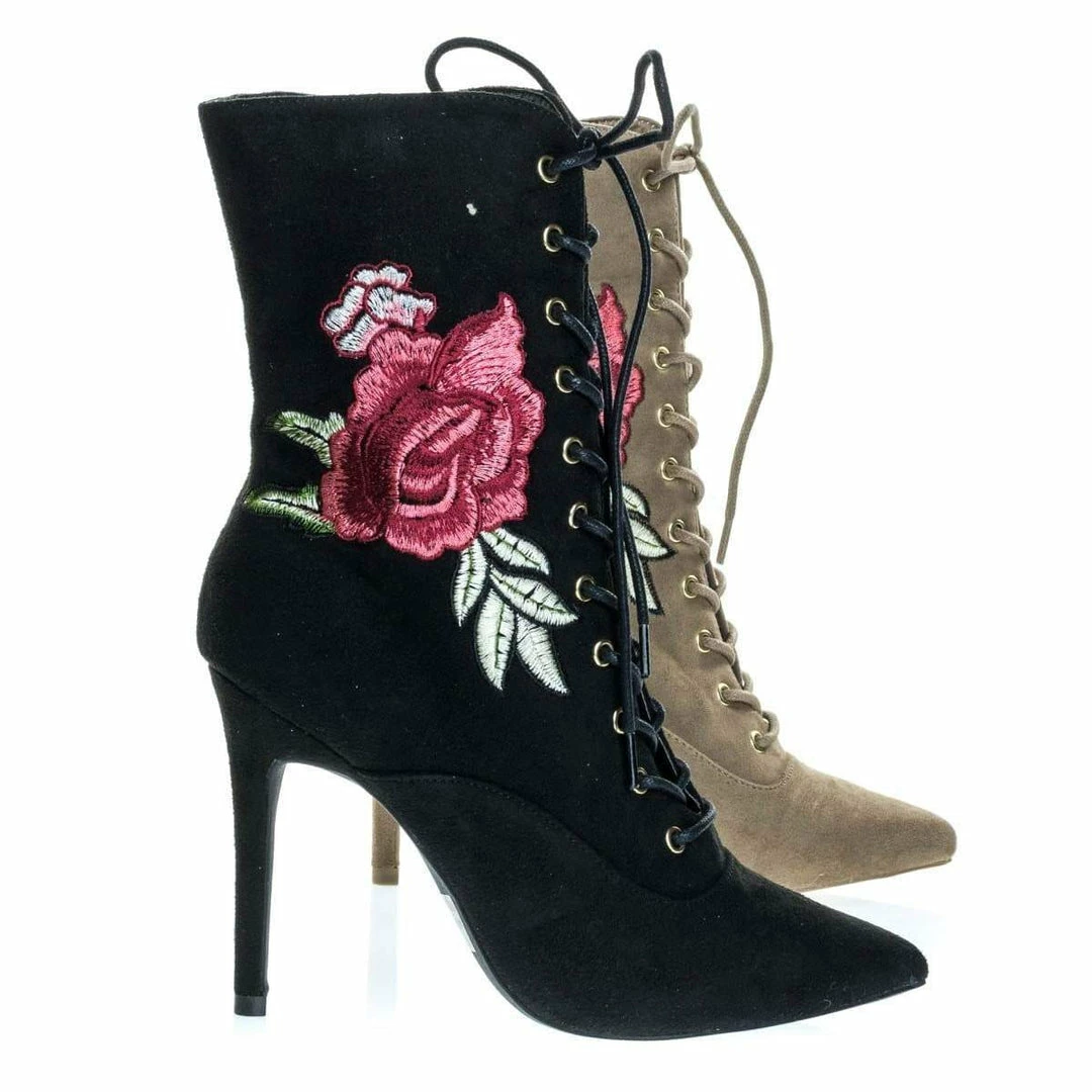 Wild Diva Akira147A Women Corset Combat Boot W Rose Metallic Embroidered Stitch High Heel New