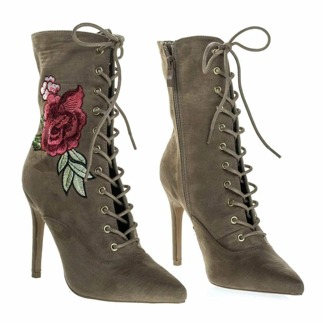 Wild Diva Akira147A Women Corset Combat Boot W Rose Metallic Embroidered Stitch High Heel New