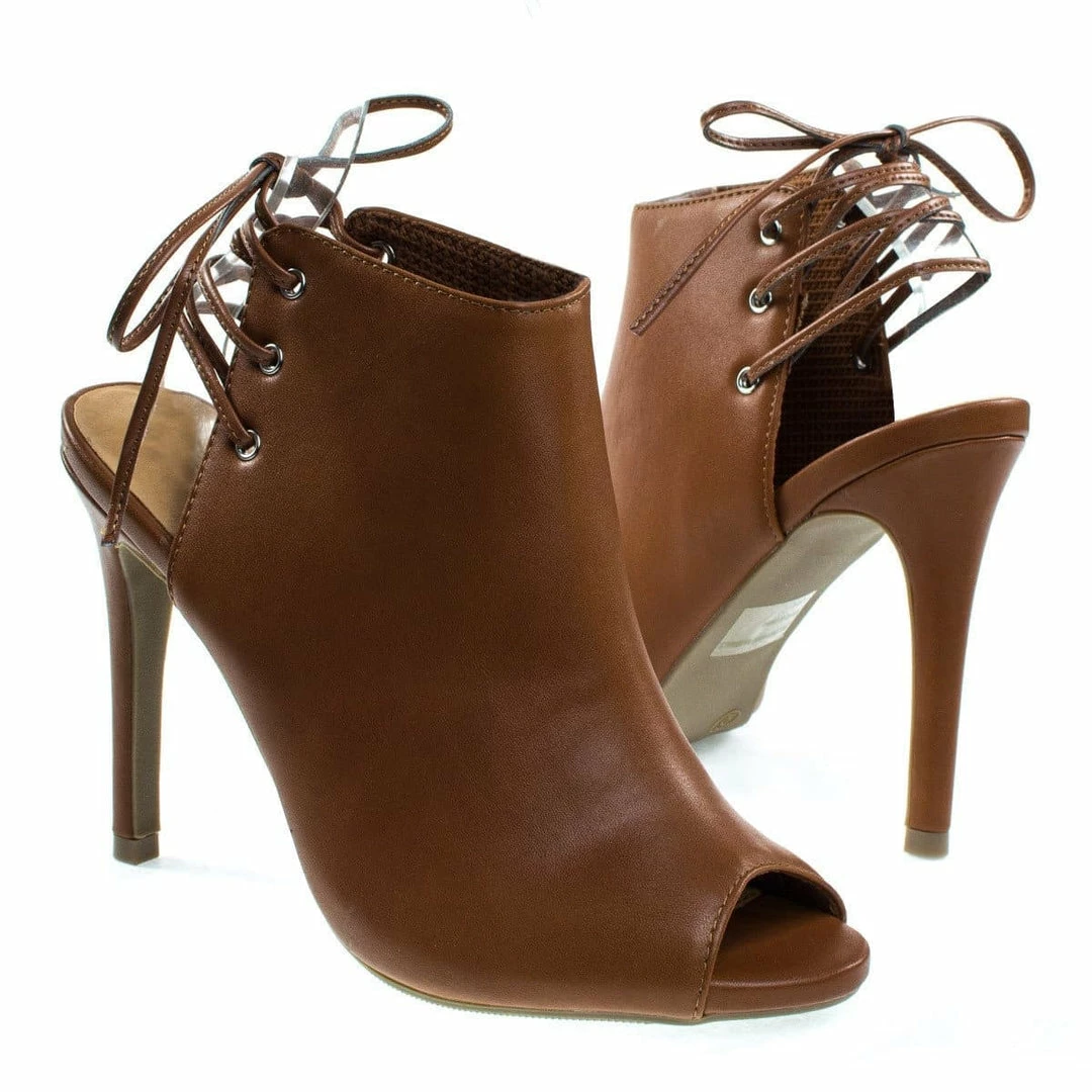 New Berlin53 By Wild Diva, Peep Toe Mule Bootie W Open Back Corset Lace, Pump