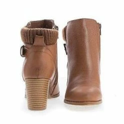 New Bray01 By Wild Diva, Almond Toe Knitted Ankle Collar Stacked Block Heel Boots