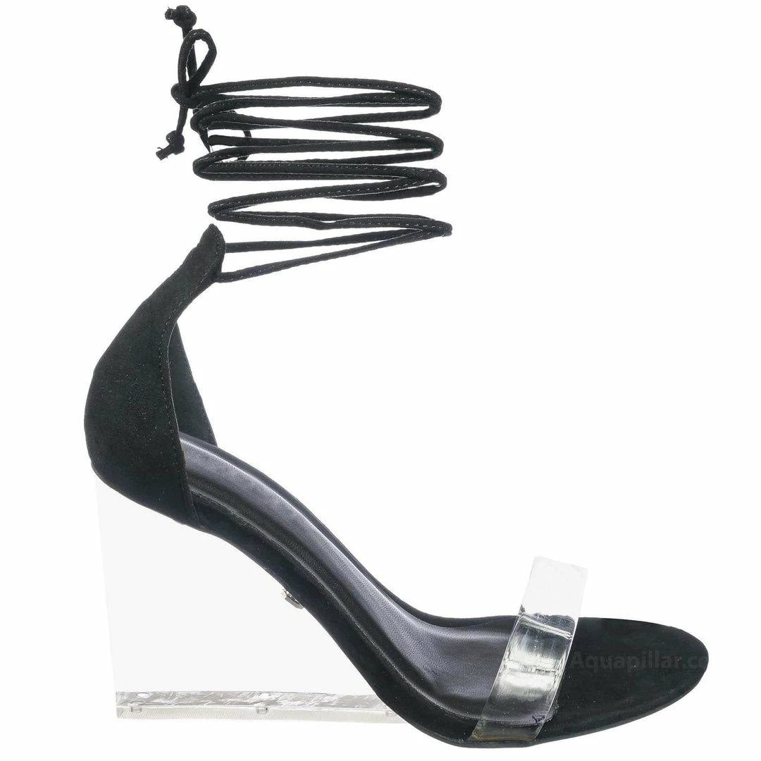 Wild Diva New Francy12 Lucite Leg Wrap Wedge High Heels - Womens Wrap Around Transparant Shoes