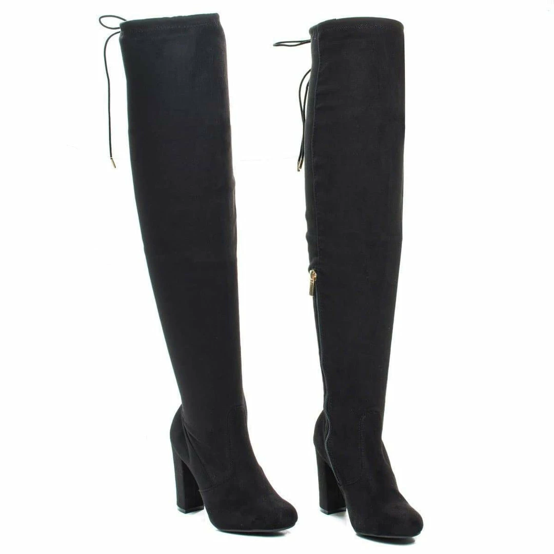 Hilltop20m By Wild Diva, Pull-On OTK Over Knee Block High Heel Dress Boots W Laced Back