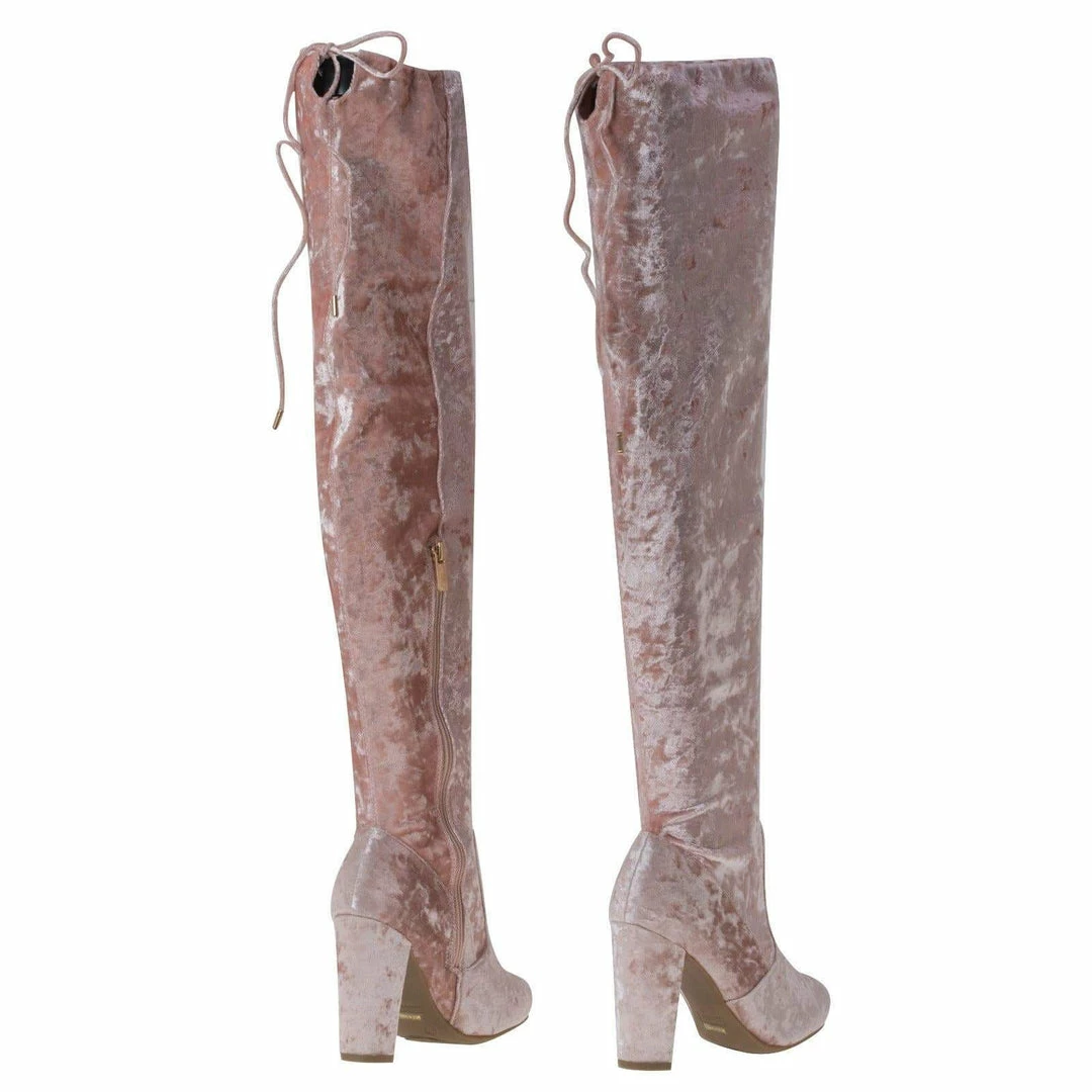 Hilltop20m By Wild Diva, Pull-On OTK Over Knee Block High Heel Dress Boots W Laced Back