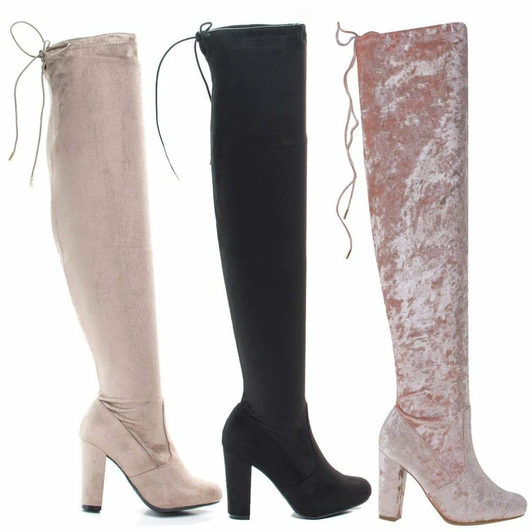 Hilltop20m By Wild Diva, Pull-On OTK Over Knee Block High Heel Dress Boots W Laced Back