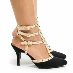 Miranda05 By Wild Diva, Two-Toned T-Strap Triple Ankle Buckle Strap W Pyramid Metal Studs