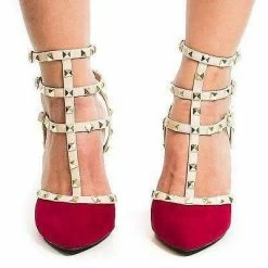 Miranda05 By Wild Diva, Two-Toned T-Strap Triple Ankle Buckle Strap W Pyramid Metal Studs