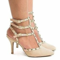 Miranda05 By Wild Diva, Two-Toned T-Strap Triple Ankle Buckle Strap W Pyramid Metal Studs