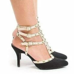 Miranda05 By Wild Diva, Two-Toned T-Strap Triple Ankle Buckle Strap W Pyramid Metal Studs