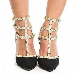Miranda05 By Wild Diva, Two-Toned T-Strap Triple Ankle Buckle Strap W Pyramid Metal Studs