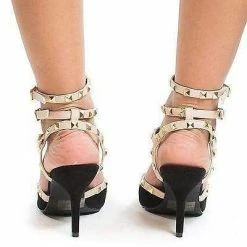 Miranda05 By Wild Diva, Two-Toned T-Strap Triple Ankle Buckle Strap W Pyramid Metal Studs