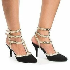 Miranda05 By Wild Diva, Two-Toned T-Strap Triple Ankle Buckle Strap W Pyramid Metal Studs