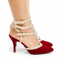Miranda05 By Wild Diva, Two-Toned T-Strap Triple Ankle Buckle Strap W Pyramid Metal Studs
