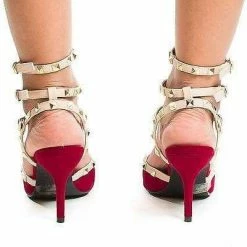 Miranda05 By Wild Diva, Two-Toned T-Strap Triple Ankle Buckle Strap W Pyramid Metal Studs