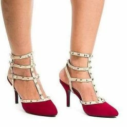 Miranda05 By Wild Diva, Two-Toned T-Strap Triple Ankle Buckle Strap W Pyramid Metal Studs