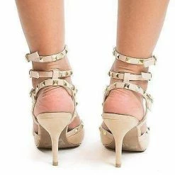 Miranda05 By Wild Diva, Two-Toned T-Strap Triple Ankle Buckle Strap W Pyramid Metal Studs