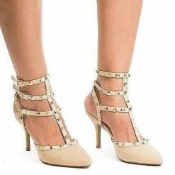 Miranda05 By Wild Diva, Two-Toned T-Strap Triple Ankle Buckle Strap W Pyramid Metal Studs