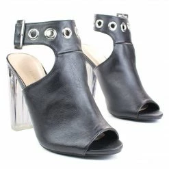 Morris64 By Wild Diva, High Perspex Block Heel Bootie W Peep Toe & Large Ankle Buckle New