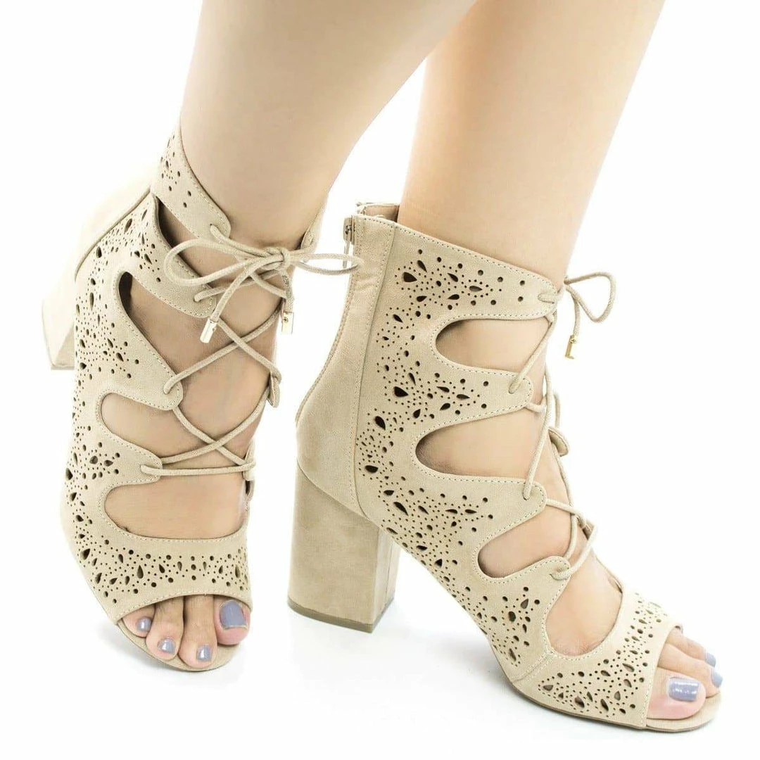 New Susie25 By Wild Diva, Laser Perforated Corset Lace Up Ankle Block Heel Booties
