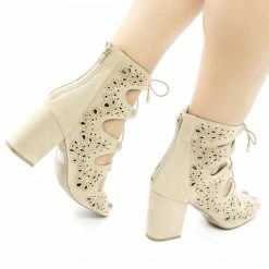 New Susie25 By Wild Diva, Laser Perforated Corset Lace Up Ankle Block Heel Booties