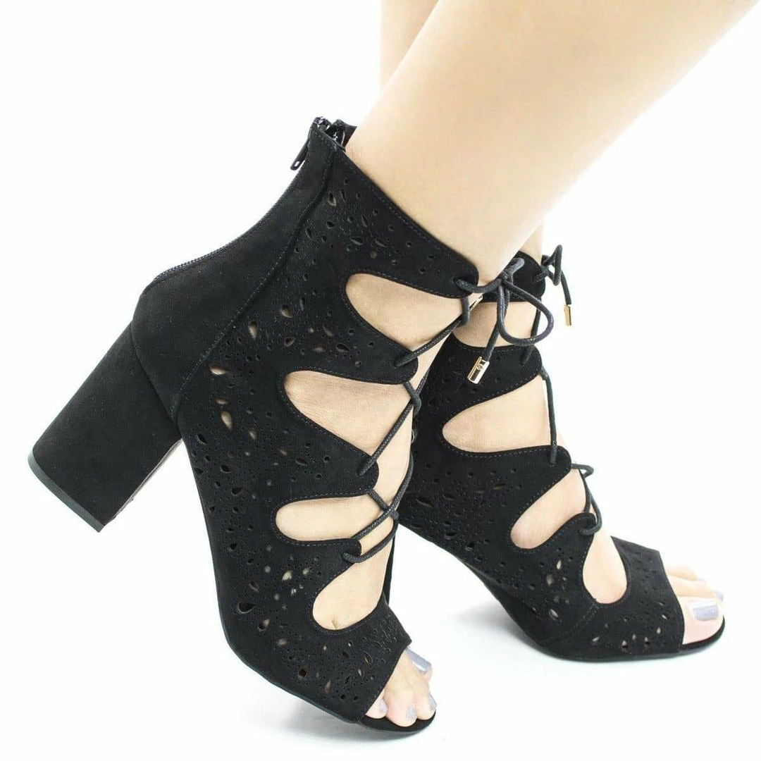 New Susie25 By Wild Diva, Laser Perforated Corset Lace Up Ankle Block Heel Booties