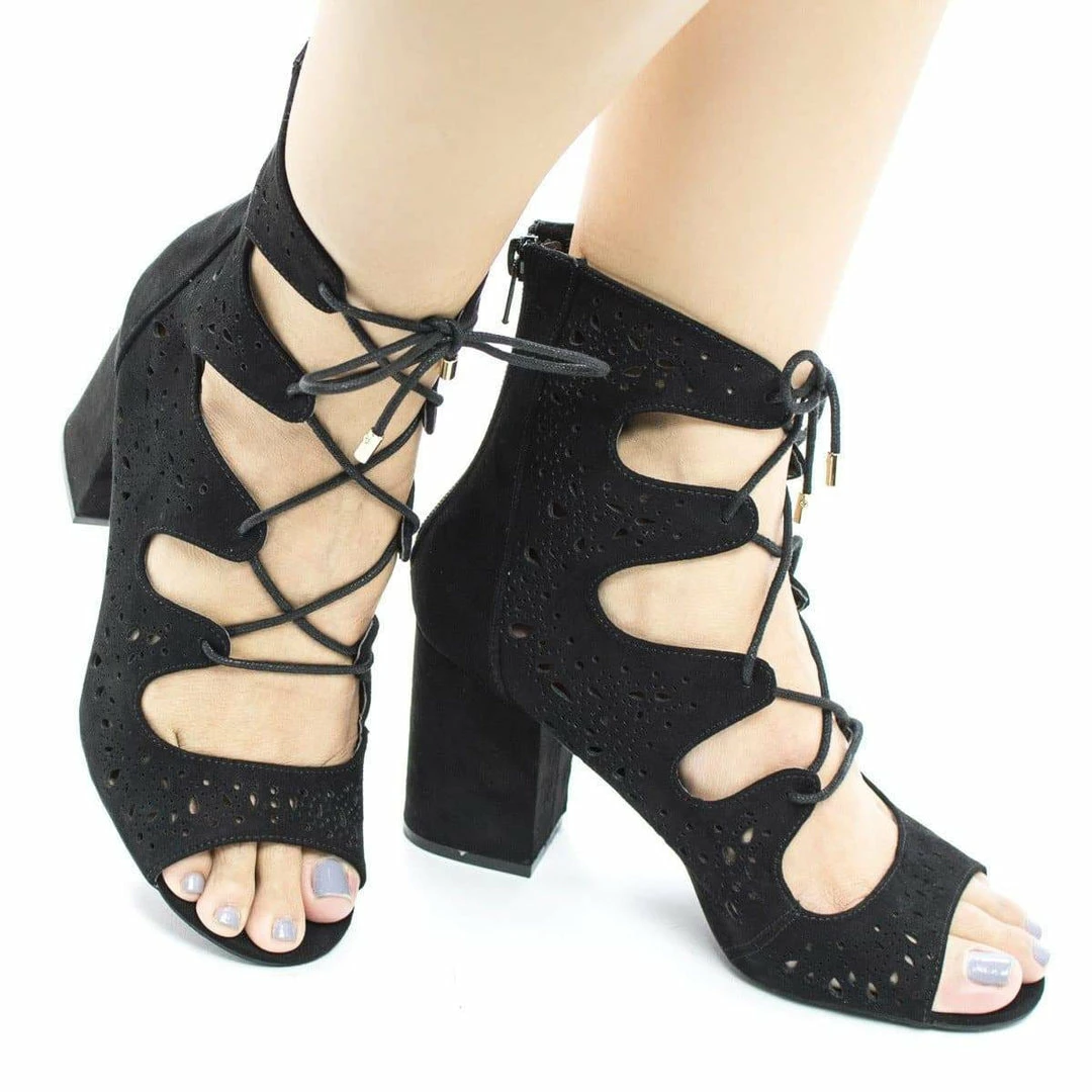 New Susie25 By Wild Diva, Laser Perforated Corset Lace Up Ankle Block Heel Booties