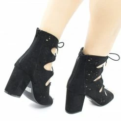New Susie25 By Wild Diva, Laser Perforated Corset Lace Up Ankle Block Heel Booties