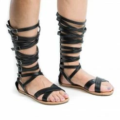 Wild Diva Tanaya528 Knee High Open Toe Multi Criss Cross Strap Flat Sandals New