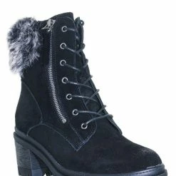 Wild Diva Uno01 Winter Leather Suede Combat Boot - Women Faux Fur Lug Sole Heels