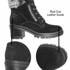 Wild Diva Uno01 Winter Leather Suede Combat Boot - Women Faux Fur Lug Sole Heels