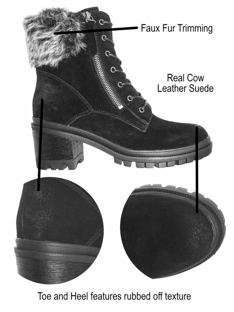 Wild Diva Uno01 Winter Leather Suede Combat Boot - Women Faux Fur Lug Sole Heels