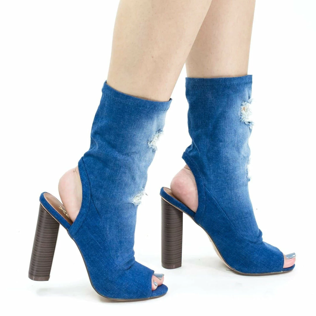 New Brenna3 By X2B, Destroyed Jean, Peep Toe Block Heel High Ankle Dress Bootie W Torn Hole