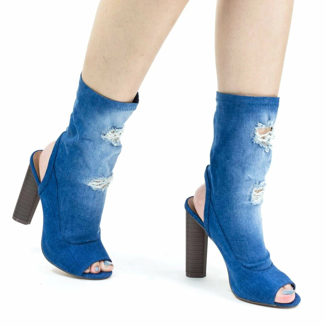 New Brenna3 By X2B, Destroyed Jean, Peep Toe Block Heel High Ankle Dress Bootie W Torn Hole
