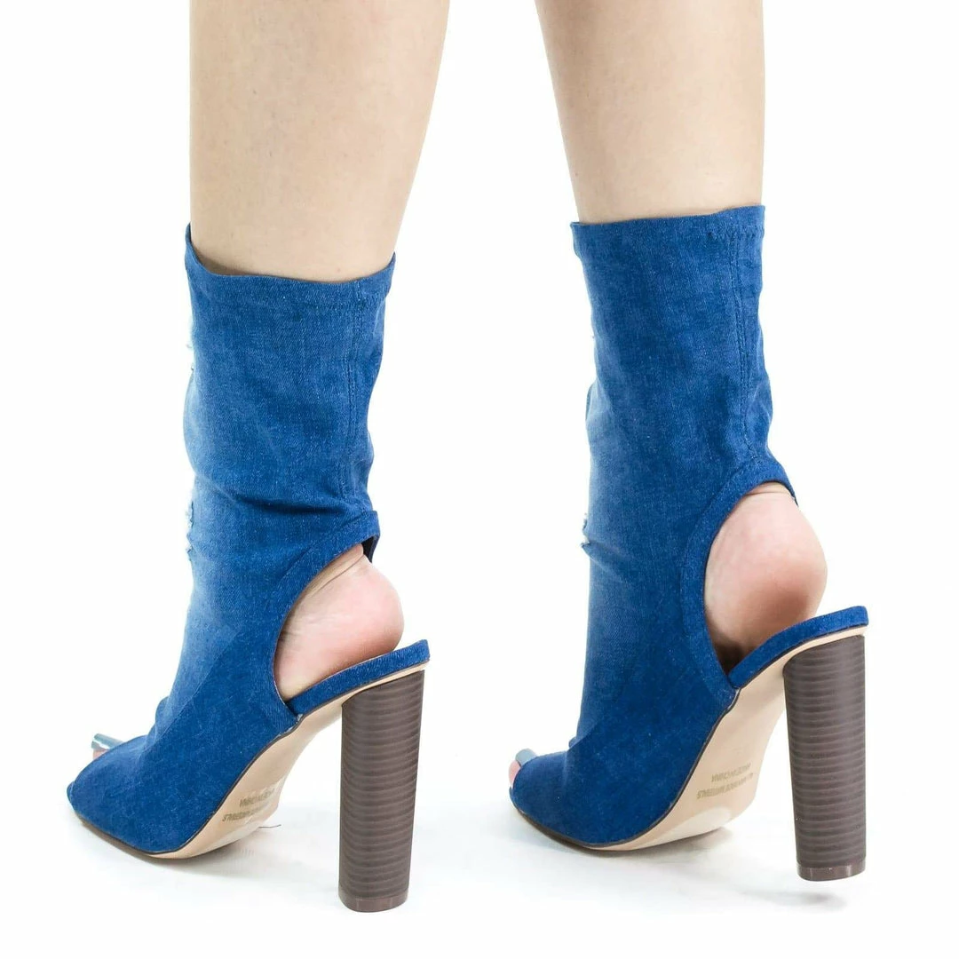 New Brenna3 By X2B, Destroyed Jean, Peep Toe Block Heel High Ankle Dress Bootie W Torn Hole