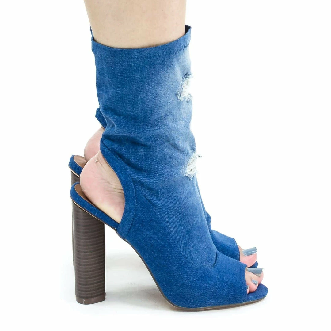 New Brenna3 By X2B, Destroyed Jean, Peep Toe Block Heel High Ankle Dress Bootie W Torn Hole