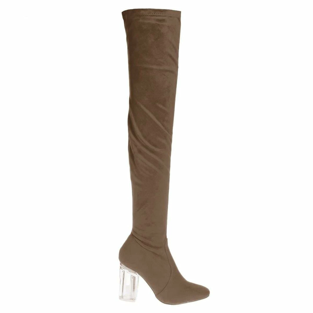 Cameron2 By X2B, Over Knee Thigh High Dress Boots W Perspex Lucite Block Heel New
