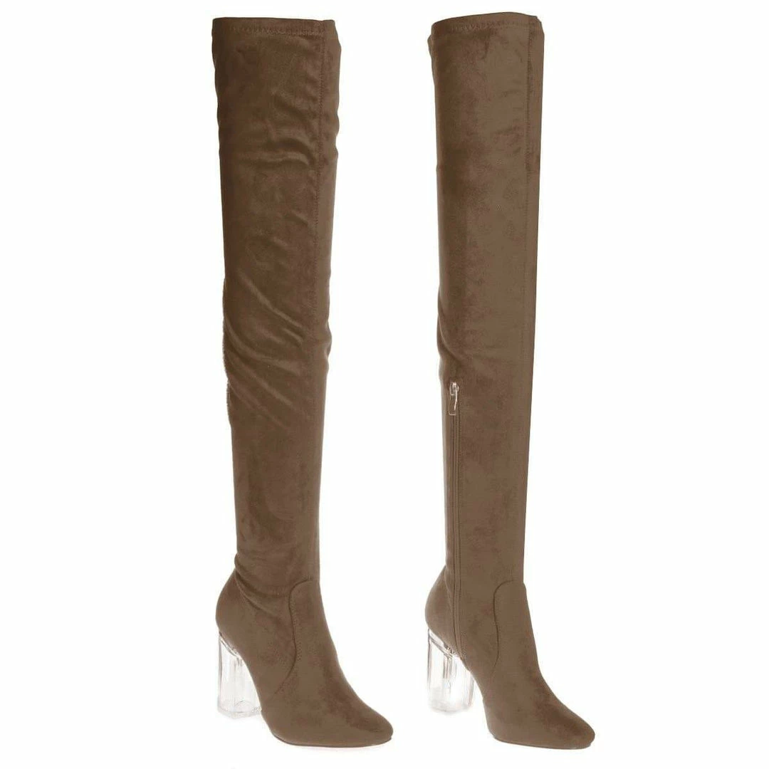 Cameron2 By X2B, Over Knee Thigh High Dress Boots W Perspex Lucite Block Heel New