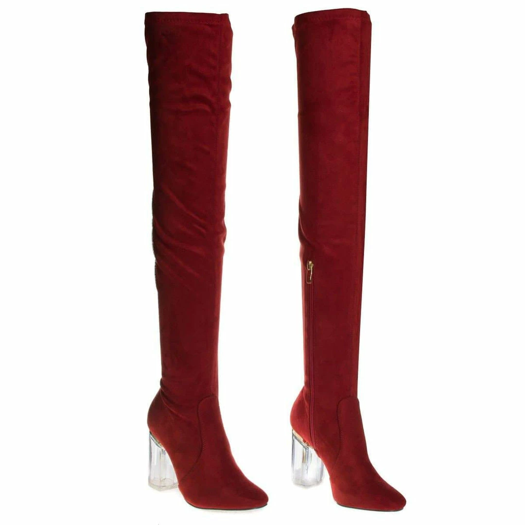 Cameron2 By X2B, Over Knee Thigh High Dress Boots W Perspex Lucite Block Heel New