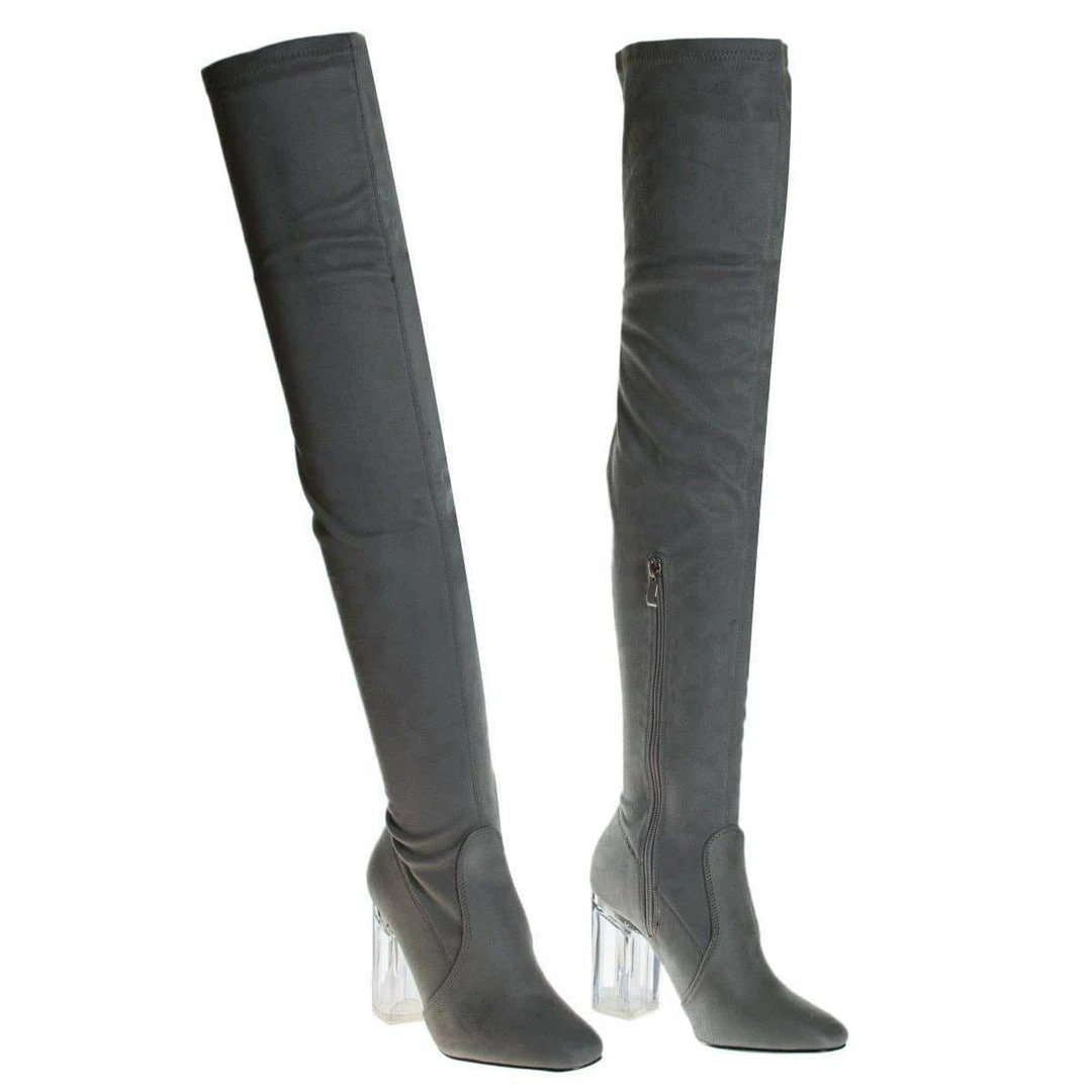 Cameron2 By X2B, Over Knee Thigh High Dress Boots W Perspex Lucite Block Heel New