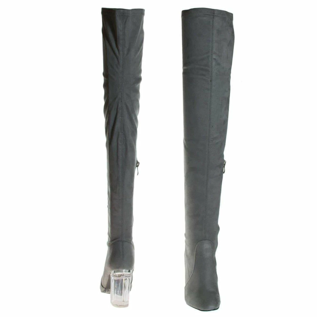 Cameron2 By X2B, Over Knee Thigh High Dress Boots W Perspex Lucite Block Heel New
