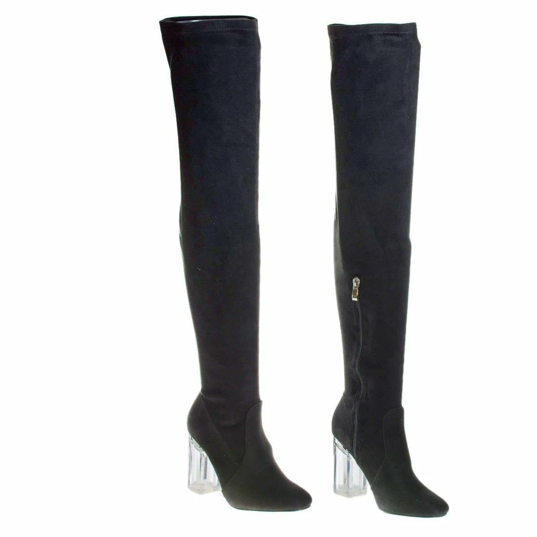 Cameron2 By X2B, Over Knee Thigh High Dress Boots W Perspex Lucite Block Heel New