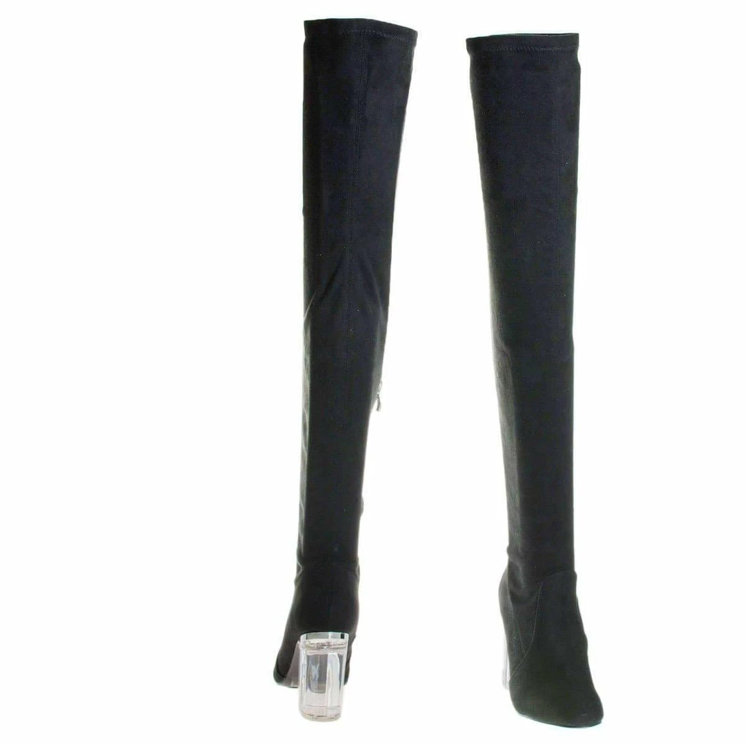 Cameron2 By X2B, Over Knee Thigh High Dress Boots W Perspex Lucite Block Heel New