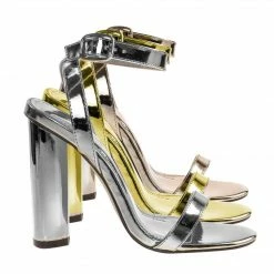 Ikira1 By X2B, Chunky Block Heel Metallic Mirror Open Toe Sandal, Ankle Strap