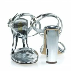 Ikira1 By X2B, Chunky Block Heel Metallic Mirror Open Toe Sandal, Ankle Strap