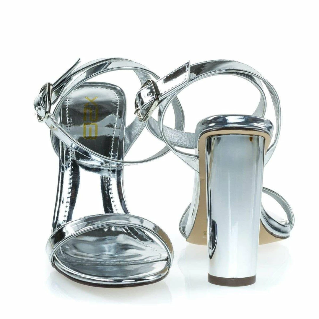 Ikira1 By X2B, Chunky Block Heel Metallic Mirror Open Toe Sandal, Ankle Strap