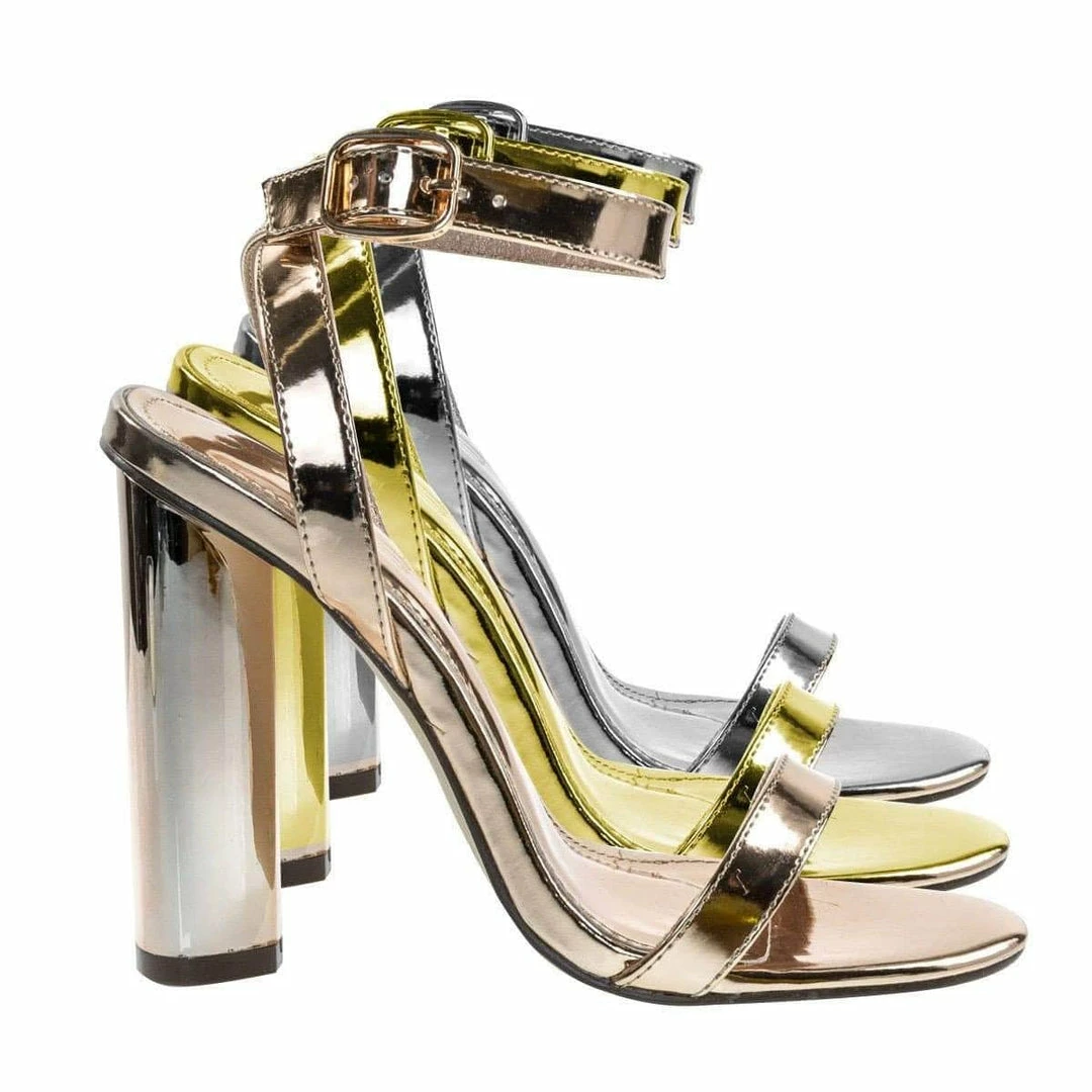 Ikira1 By X2B, Chunky Block Heel Metallic Mirror Open Toe Sandal, Ankle Strap