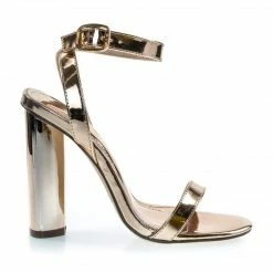 Ikira1 By X2B, Chunky Block Heel Metallic Mirror Open Toe Sandal, Ankle Strap