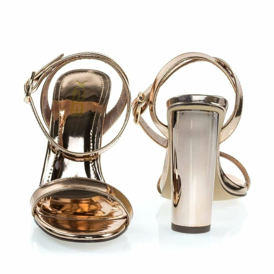 Ikira1 By X2B, Chunky Block Heel Metallic Mirror Open Toe Sandal, Ankle Strap