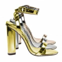 Ikira1 By X2B, Chunky Block Heel Metallic Mirror Open Toe Sandal, Ankle Strap