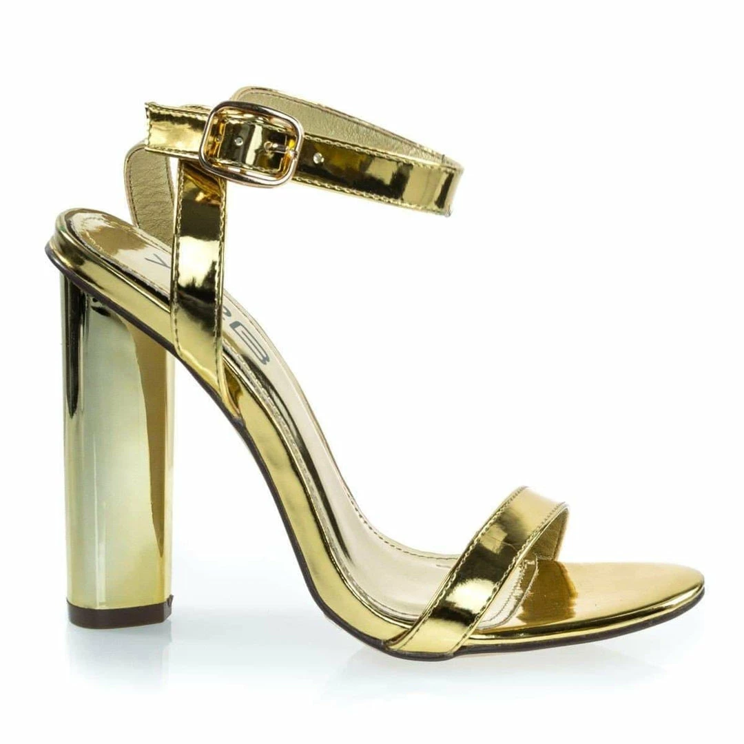 Ikira1 By X2B, Chunky Block Heel Metallic Mirror Open Toe Sandal, Ankle Strap